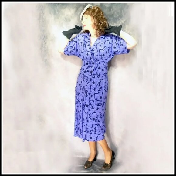 Plus Size 40s Style Rayon Dress with Dolman Sleeves VFG 80s Vintage - Picture 2 of 15